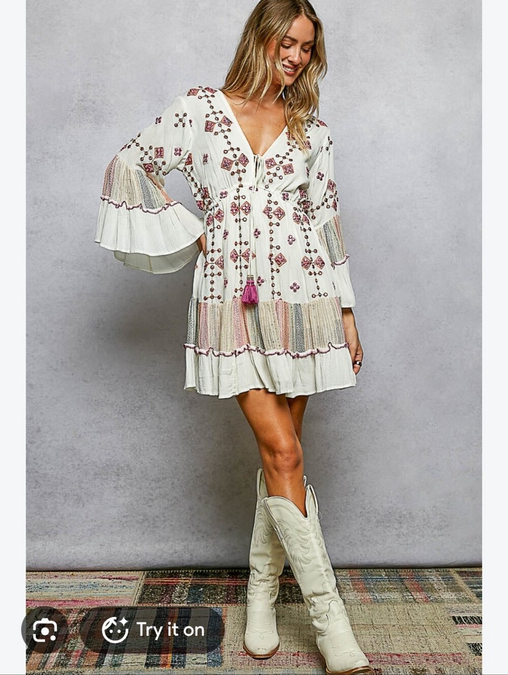 POL Cream Mini Dress with Pink & Tan Embroidery